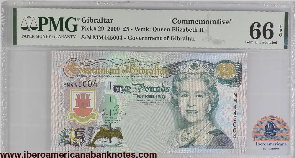 Gibraltar. 5 Pounds 2000 Elizabeth II P-29 Commemorative Series PMG 66 EPQ