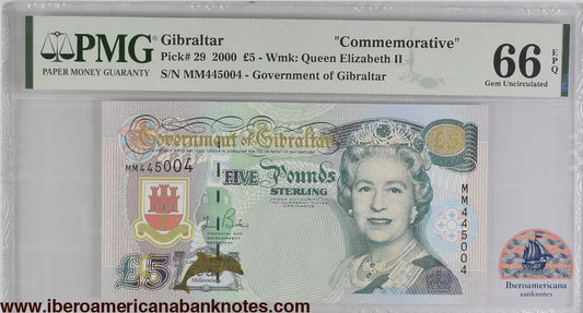 Gibraltar. 5 Pounds 2000 Elizabeth II P-29 Commemorative Series PMG 66 EPQ