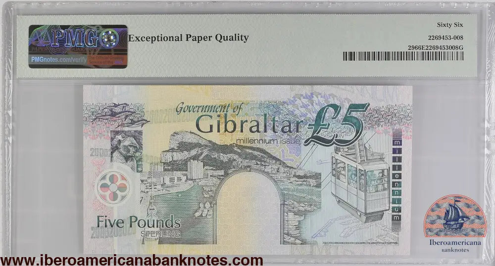 Gibraltar. 5 Pounds 2000 Elizabeth II P-29 Commemorative Series PMG 66 EPQ