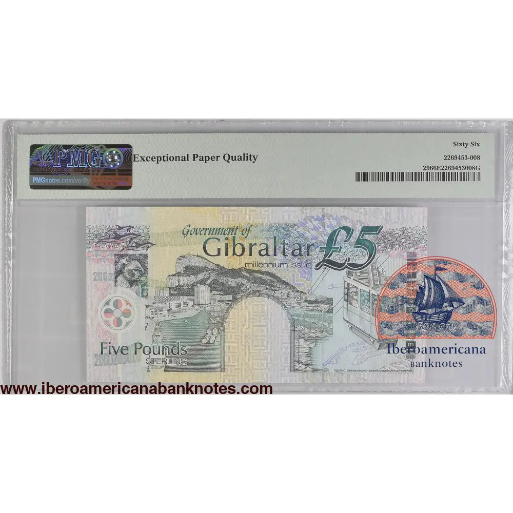 Gibraltar. 5 Pounds 2000 Elizabeth II P-29 Commemorative Series PMG 66 EPQ