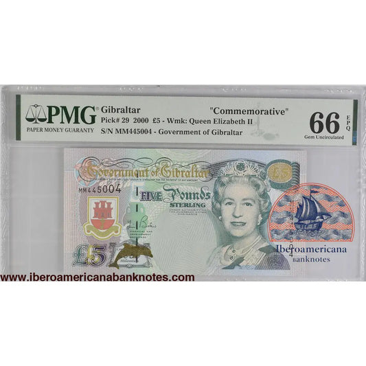 Gibraltar. 5 Pounds 2000 Elizabeth II P-29 Commemorative Series PMG 66 EPQ