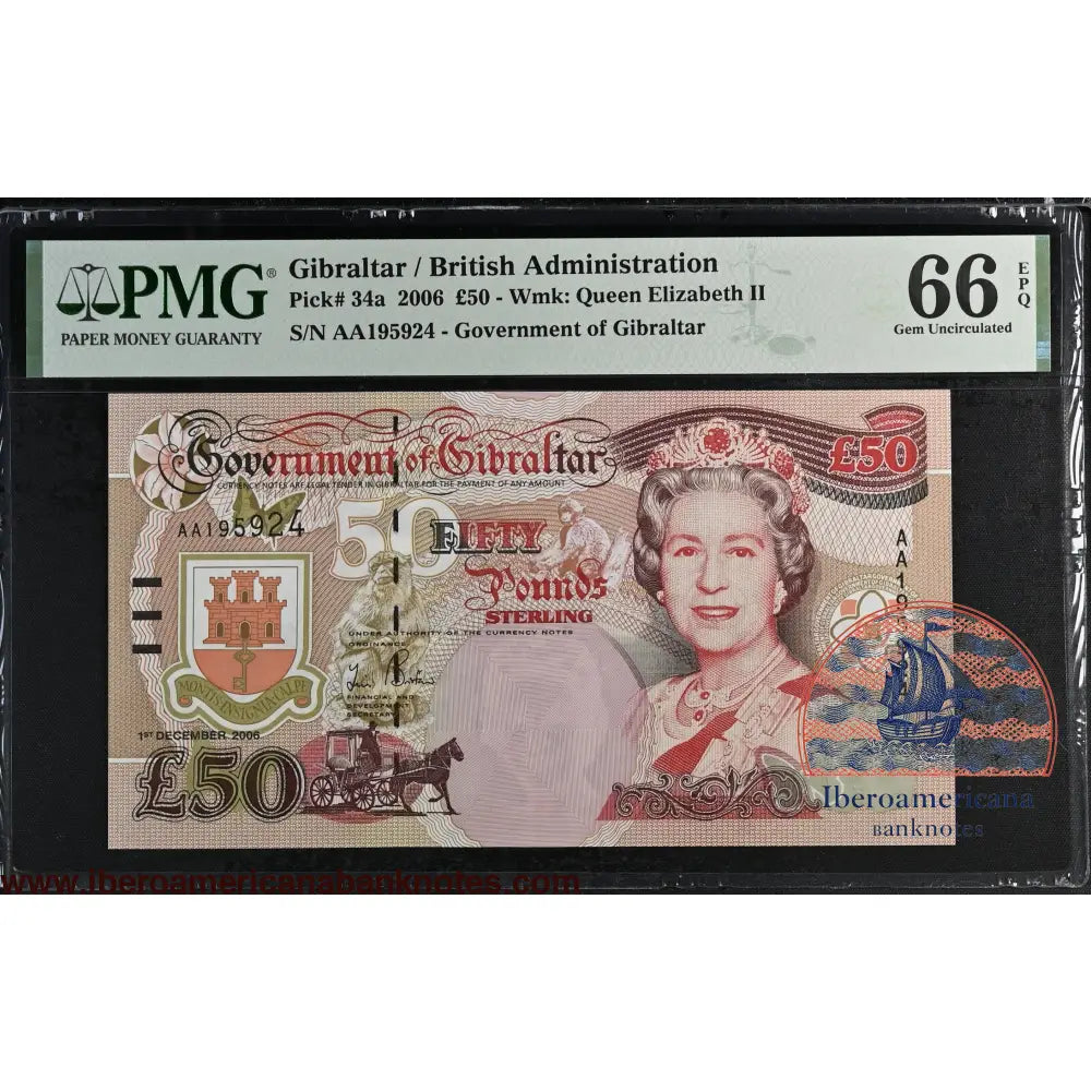 Gibraltar. 50 Pounds 2006 Elizabeth II P-34a Prefix AA PMG 66 EPQ