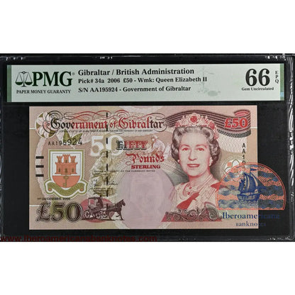 Gibraltar. 50 Pounds 2006 Elizabeth II P-34a Prefix AA PMG 66 EPQ