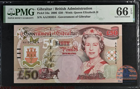 Gibraltar. 50 Pounds 2006 Elizabeth II P-34a Prefix AA PMG 66 EPQ