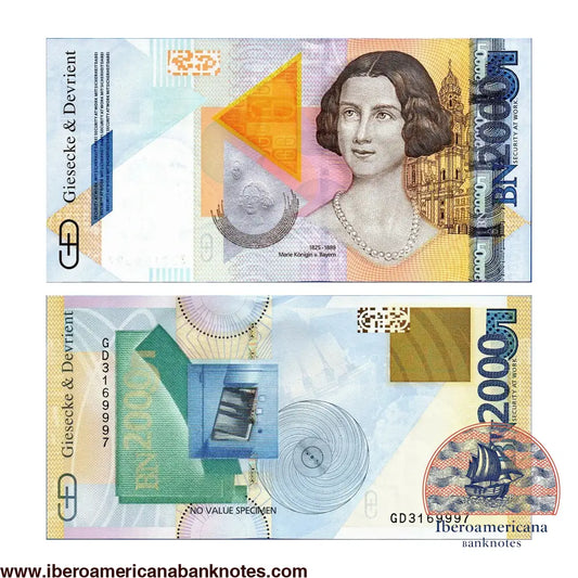 Billete de prueba alemán "Marie Königin von Bayern" de la casa de seguridad Giesecke & Devrient, de 2005, sin circular, sin curso legal ni número de catálogo Pick.