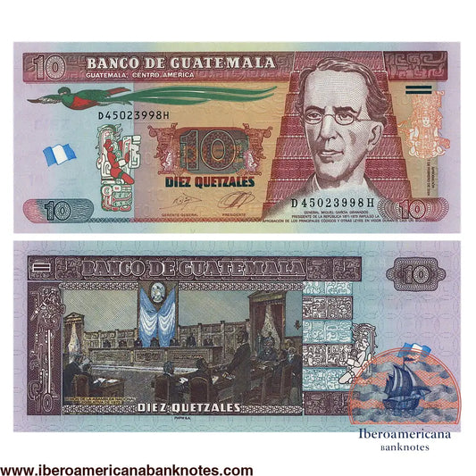 Billete de 10 quetzales de Guatemala de 2024, Pick 123A, sin circular. Anverso con el general Miguel García Granados y un quetzal en vuelo; reverso con la sesión de la Asamblea Nacional Legislativa de 1872.