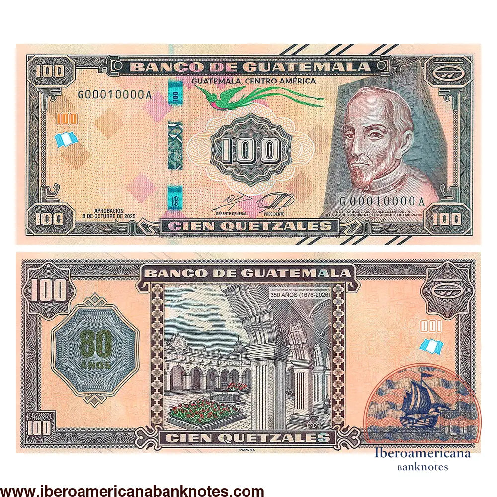 Billete de 100 quetzales de Guatemala de 2026 conmemorativo de 350 años (1676-2026). Anverso con catedral colonial y elementos de seguridad. Reverso con arquitectura histórica.