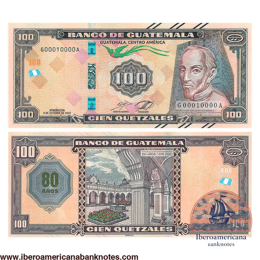 Billete de 100 quetzales de Guatemala de 2026 conmemorativo de 350 años (1676-2026). Anverso con catedral colonial y elementos de seguridad. Reverso con arquitectura histórica.