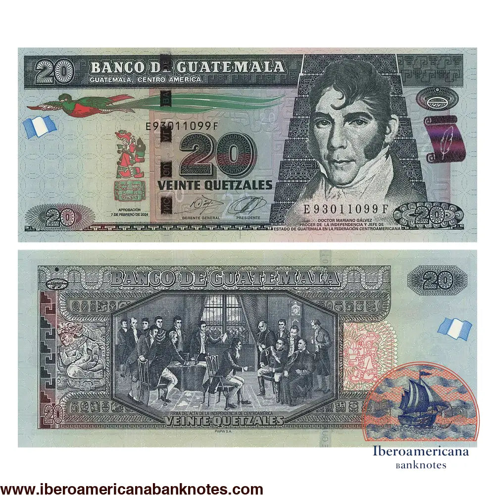 Billete de 20 quetzales de Guatemala de 2024, Pick 124, sin circular. Anverso con el doctor Mariano Gálvez y un quetzal en vuelo; reverso con la firma del Acta de la Independencia de Centroamérica.