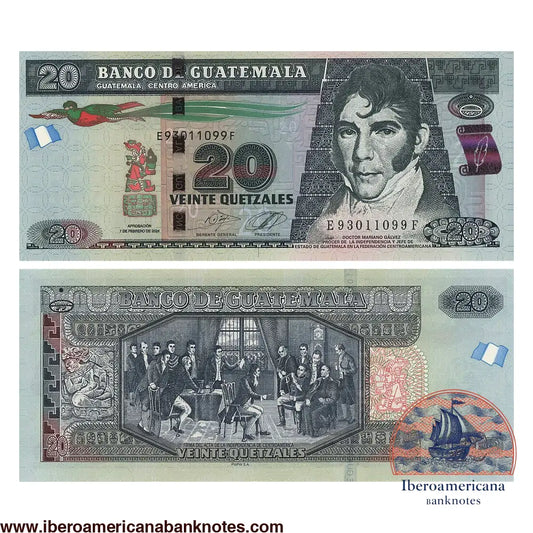 Billete de 20 quetzales de Guatemala de 2024, Pick 124, sin circular. Anverso con el doctor Mariano Gálvez y un quetzal en vuelo; reverso con la firma del Acta de la Independencia de Centroamérica.