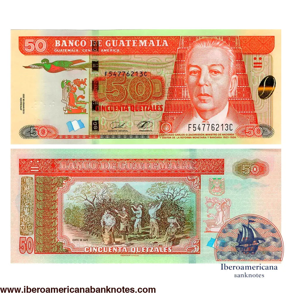 Billete de 50 quetzales de Guatemala de 2023, Pick 125, sin circular. Anverso con Carlos O. Zachrisson y un quetzal en vuelo; reverso con la escena «Corte de café», recolectores de café ante un volcán.