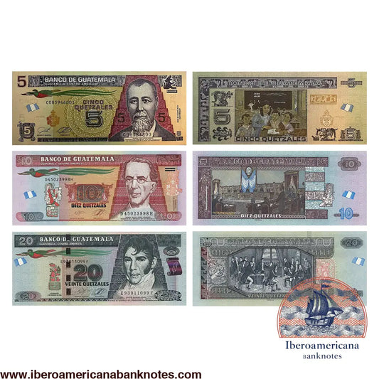 Set de billetes de 5, 10 y 20 quetzales de Guatemala de 2023 y 2024, Pick 122A, 123A y 124, sin circular. Anversos a la izquierda con Justo Rufino Barrios, Miguel García Granados y Mariano Gálvez; reversos a la derecha con un aula, la Asamblea Nacional Legislativa de 1872 y la firma del Acta de la Independencia.