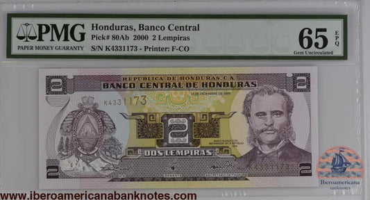 Honduras 14.12.2000 P-80Ab PMG Gem UNC 65 EPQ 2 Lempiras