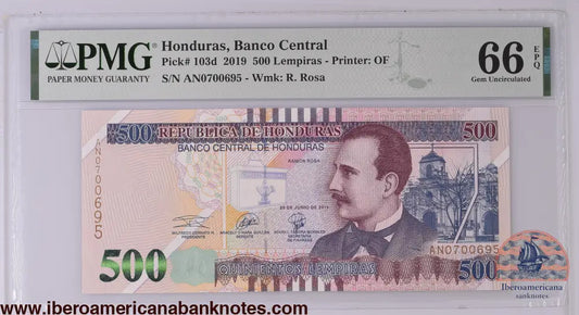 Honduras 20.6.2019 P-103d PMG Gem UNC 66 EPQ 500 Lempiras