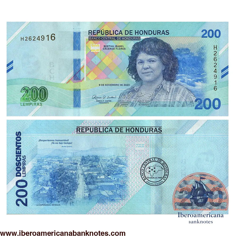 Billete de 200 lempiras de Honduras de 2023 en polímero con retrato de Bertha Isabel Cáceres Flores. Anverso con vista de Intibucá y elementos de seguridad. Reverso con elementos de la Esperanza.