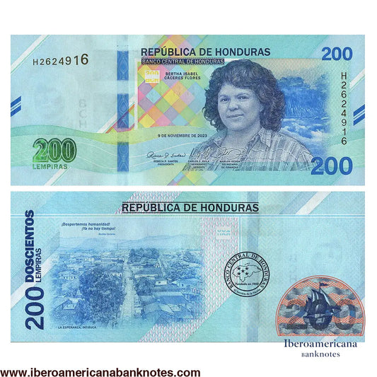 Billete de 200 lempiras de Honduras de 2023 en polímero con retrato de Bertha Isabel Cáceres Flores. Anverso con vista de Intibucá y elementos de seguridad. Reverso con elementos de la Esperanza.