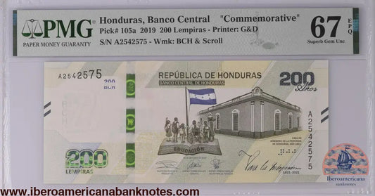 Honduras 2019 P-105a PMG Superb Gem UNC 67 EPQ 200 Lempiras