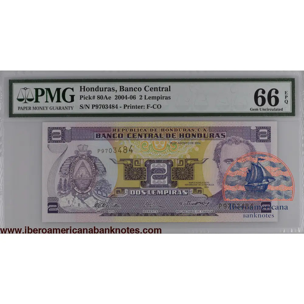 Honduras 26.8.2004 P-80Ae PMG Gem UNC 66 EPQ 2 Lempiras
