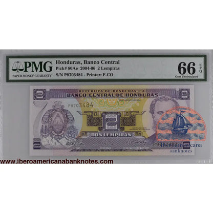 Honduras 26.8.2004 P-80Ae PMG Gem UNC 66 EPQ 2 Lempiras