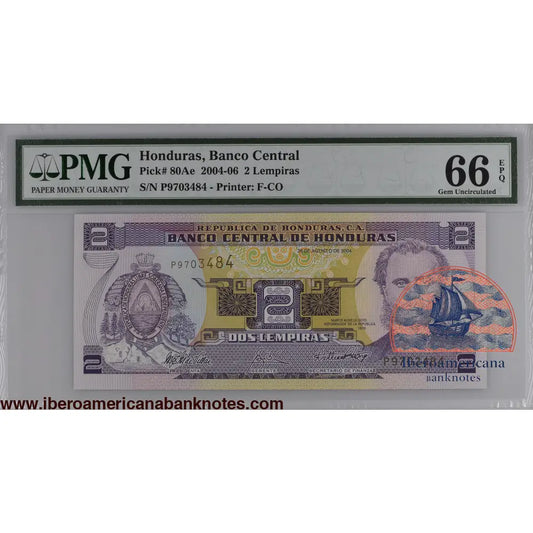 Honduras 26.8.2004 P-80Ae PMG Gem UNC 66 EPQ 2 Lempiras