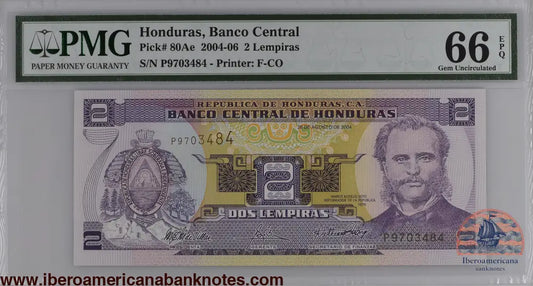Honduras 26.8.2004 P-80Ae PMG Gem UNC 66 EPQ 2 Lempiras