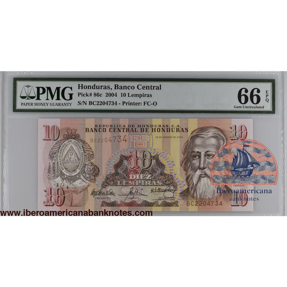 Honduras 26.8.2004 P-86c PMG Gem UNC 66 EPQ 10 Lempiras