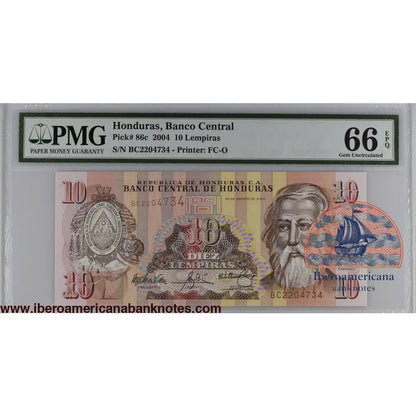 Honduras 26.8.2004 P-86c PMG Gem UNC 66 EPQ 10 Lempiras
