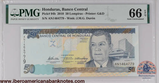Honduras 6.5.2010 P-94b PMG Gem UNC 66 EPQ 50 Lempiras
