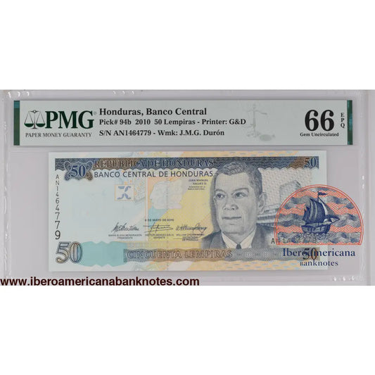 Honduras 6.5.2010 P-94b PMG Gem UNC 66 EPQ 50 Lempiras