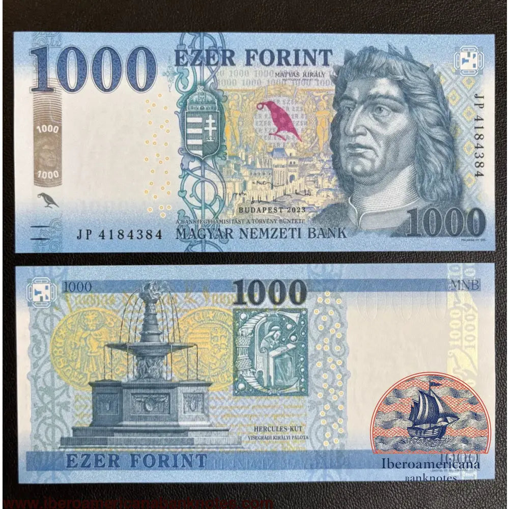 Billete de 1000 forintos de Hungría de 2023, Pick 203d, sin circular. Anverso con el retrato del rey Matías Corvino; reverso con la fuente de Hércules del castillo de Visegrád.