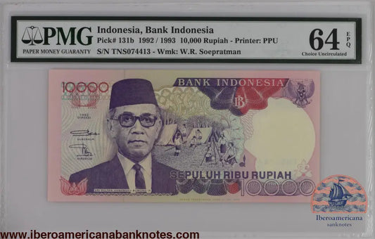 Indonesia 1992 / 1993 P-131b PMG Choice UNC 64 EPQ 10,000 Rupiah