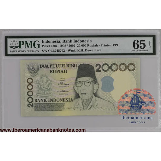 Indonesia 1998 / 2002 P-138e PMG Gem UNC 65 EPQ 20,000 Rupiah