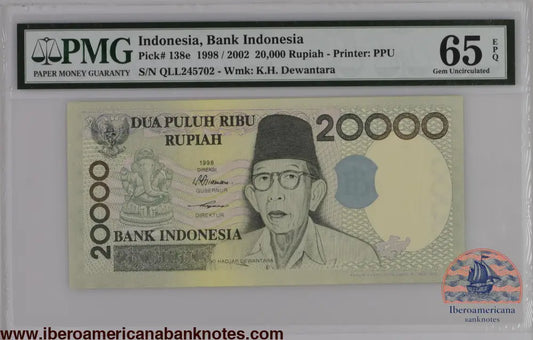 Indonesia 1998 / 2002 P-138e PMG Gem UNC 65 EPQ 20,000 Rupiah
