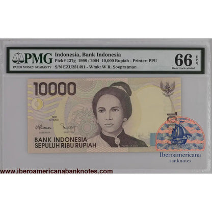 Indonesia 1998 / 2004 P-137g PMG Gem UNC 66 EPQ 10,000 Rupiah