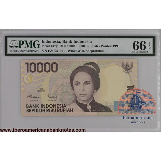 Indonesia 1998 / 2004 P-137g PMG Gem UNC 66 EPQ 10,000 Rupiah