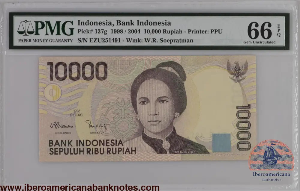 Indonesia 1998 / 2004 P-137g PMG Gem UNC 66 EPQ 10,000 Rupiah