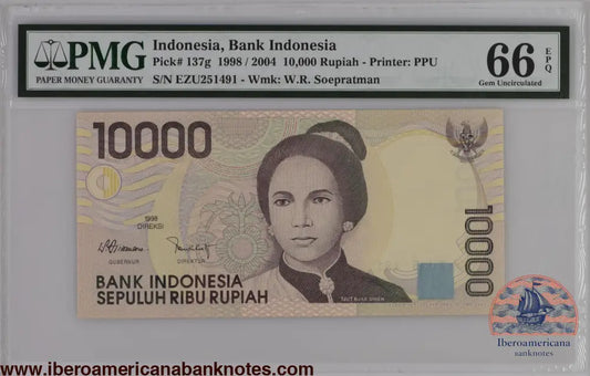 Indonesia 1998 / 2004 P-137g PMG Gem UNC 66 EPQ 10,000 Rupiah