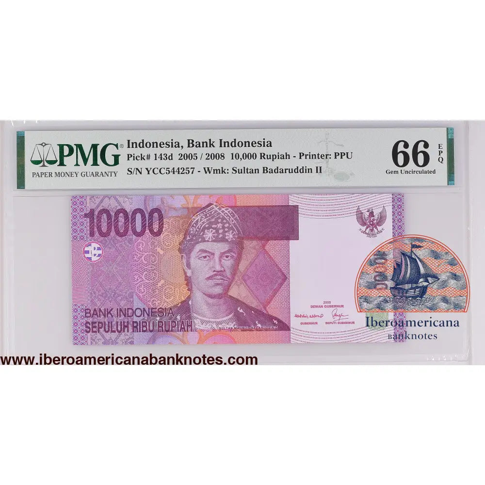 Indonesia 2005 / 2008 P-143d PMG Gem UNC 66 EPQ 10,000 Rupiah
