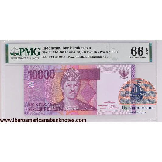 Indonesia 2005 / 2008 P-143d PMG Gem UNC 66 EPQ 10,000 Rupiah