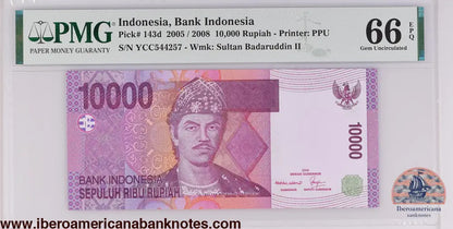 Indonesia 2005 / 2008 P-143d PMG Gem UNC 66 EPQ 10,000 Rupiah