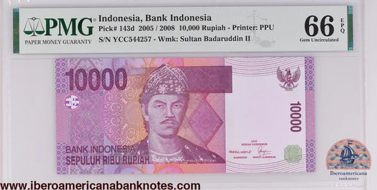Indonesia 2005 / 2008 P-143d PMG Gem UNC 66 EPQ 10,000 Rupiah