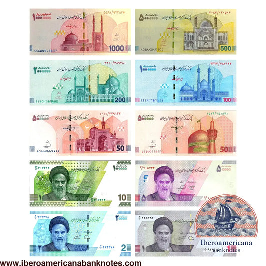 Set de 10 billetes de Irán sin circular, P160-P169: anversos de los billetes de 1 a 10 tomanes con Jomeiní y de los Iran Cheques de 50 a 1.000 tomanes