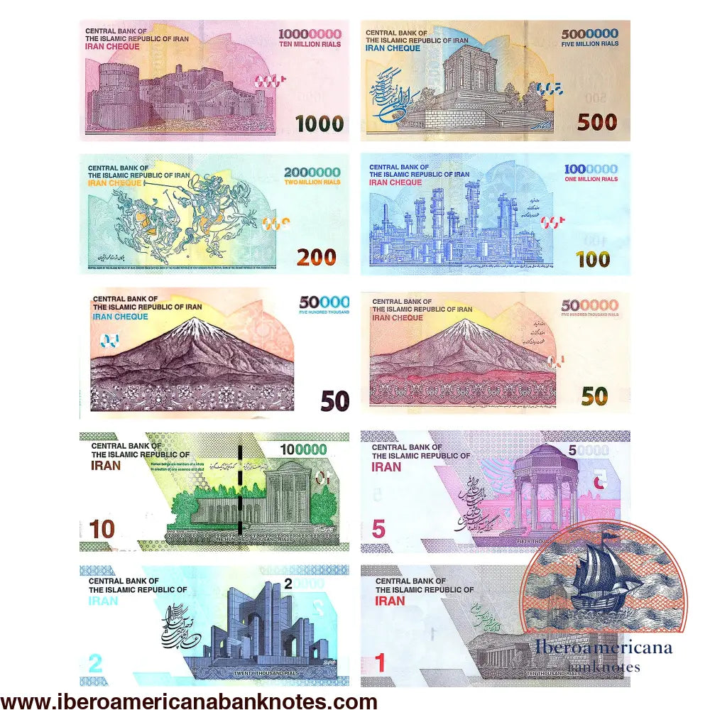 Set de 10 billetes de Irán P160-P169, reversos: Avicena, poetas de Tabriz, Hafez, Saadi, Damavand, South Pars, polo persa, Ferdowsi y Arg-e Bam