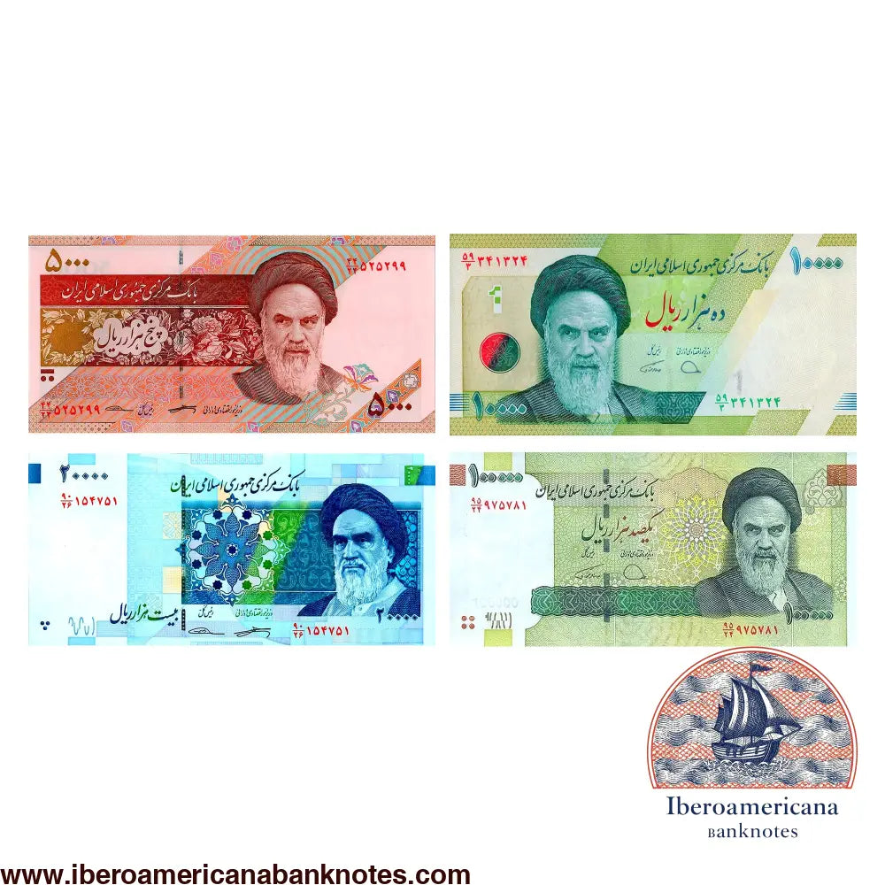 Set de 4 billetes de Irán de la serie Jomeiní, 5.000, 10.000, 20.000 y 100.000 riales sin circular: anversos con el retrato del ayatolá Jomeiní