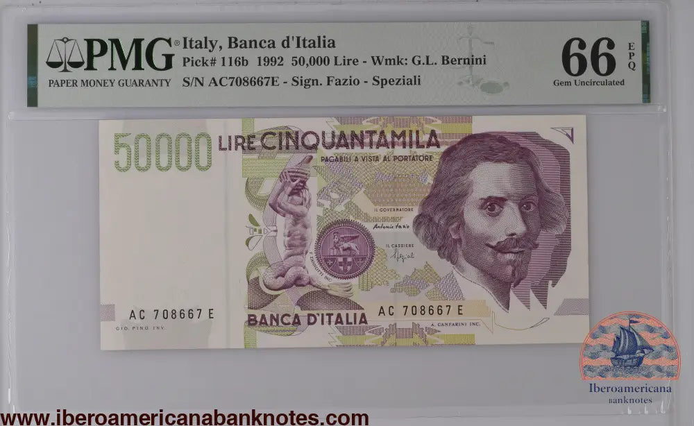 Italy 1992 P-116b PMG Gem UNC 66 EPQ 50,000 Lire