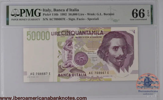 Italy 1992 P-116b PMG Gem UNC 66 EPQ 50,000 Lire