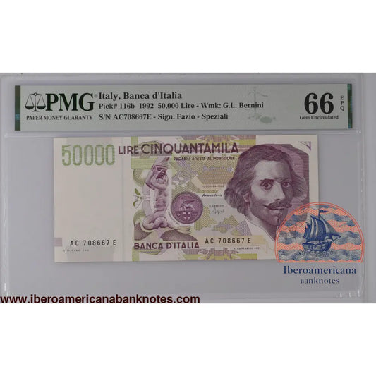 Italy 1992 P-116b PMG Gem UNC 66 EPQ 50,000 Lire
