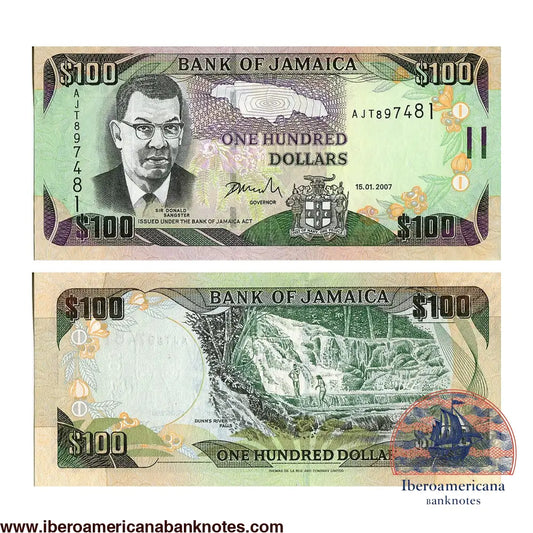 Billete de 100 dólares de Jamaica de 2007, Pick 84c, sin circular. Anverso con el retrato de Sir Donald Sangster, segundo primer ministro de Jamaica; reverso con las cascadas de Dunn's River Falls, en Ocho Rios.