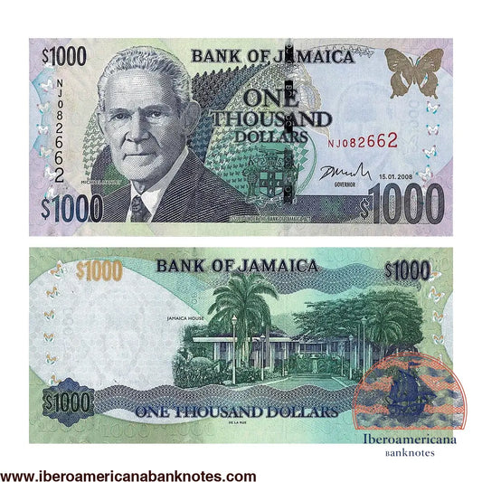 Billete de 1000 dólares de Jamaica de 2008, Pick 86f, sin circular. Anverso con el retrato del primer ministro Michael Manley; reverso con Jamaica House, la residencia oficial del jefe de gobierno en Kingston, rodeada de jardines y palmeras.