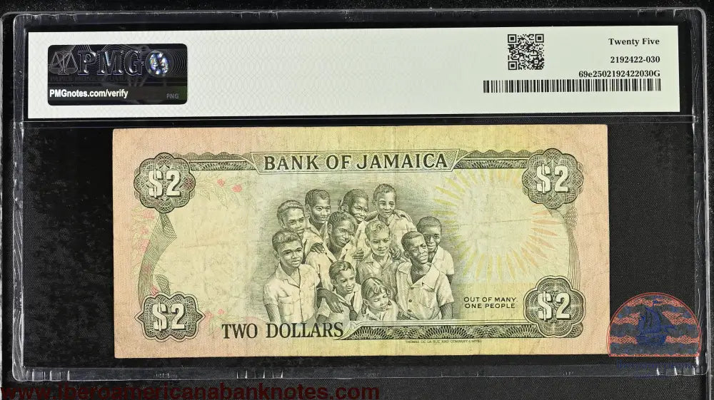 Jamaica 2 dollars 1993 P69e PMG 25